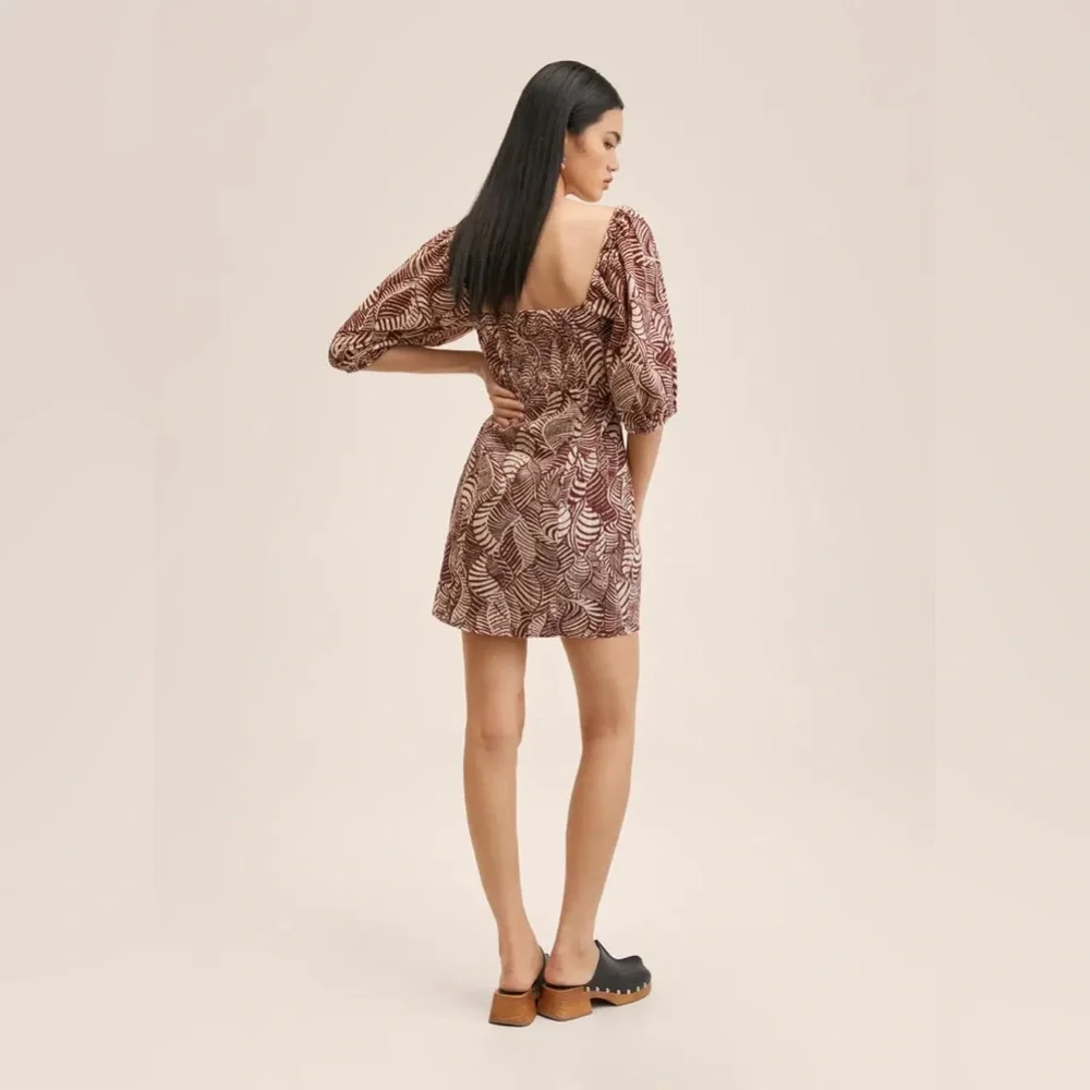 Mango Leaf-Print Mini Dress in Burgundy and Cream - Picture 5 of 11